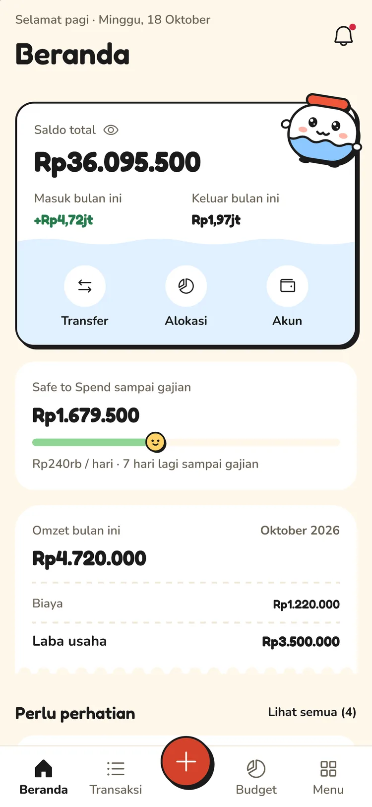 Layar Beranda Rupika dengan data contoh: saldo total, Safe to Spend, dan omzet usaha bulan ini.
