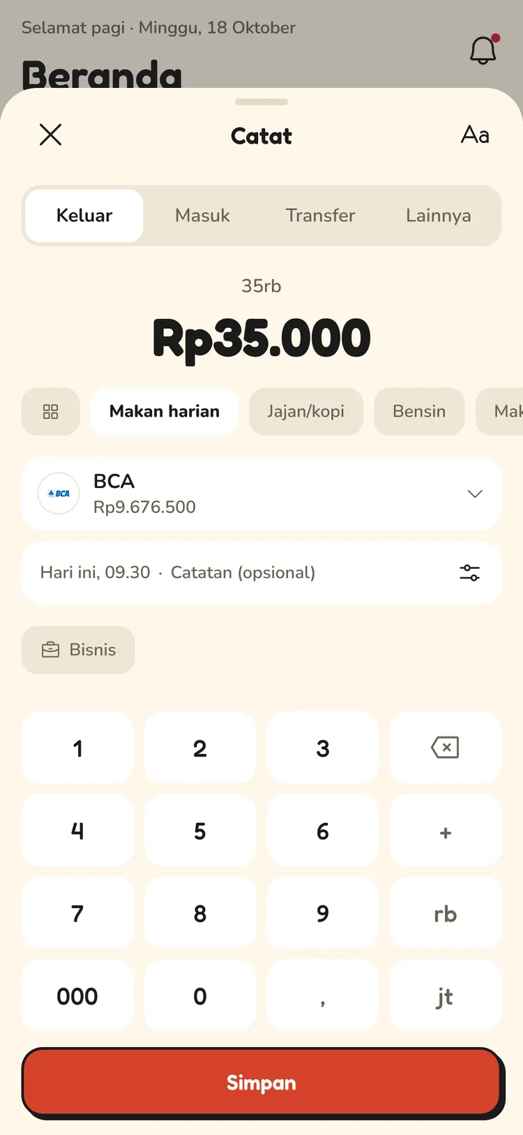 Lembar Catat Rupika: nominal, pilihan kategori, akun, dan keypad angka.