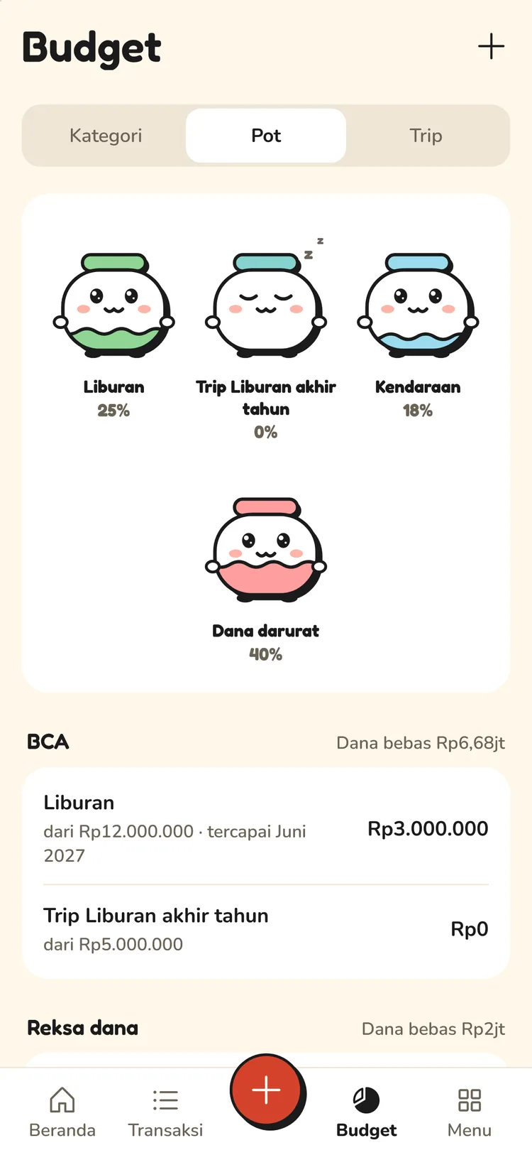 Tab Pot di Budget dengan data contoh: toples tiap pot dan persentase progresnya.